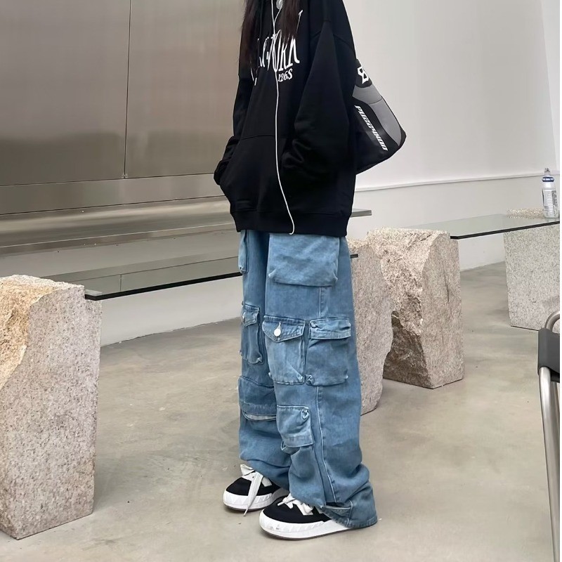 New Street Trendy Damen-Arbeitskleidung aus amerikanischem Schwarz-Grau-Denim mit mehreren Taschen
