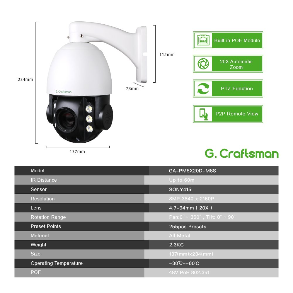 20X Zoom, PTZ,20fps, 4K, 4.7-94mm Zoom, Dual Light , POE ,SONY 415, Security CCTV Video Surveillance