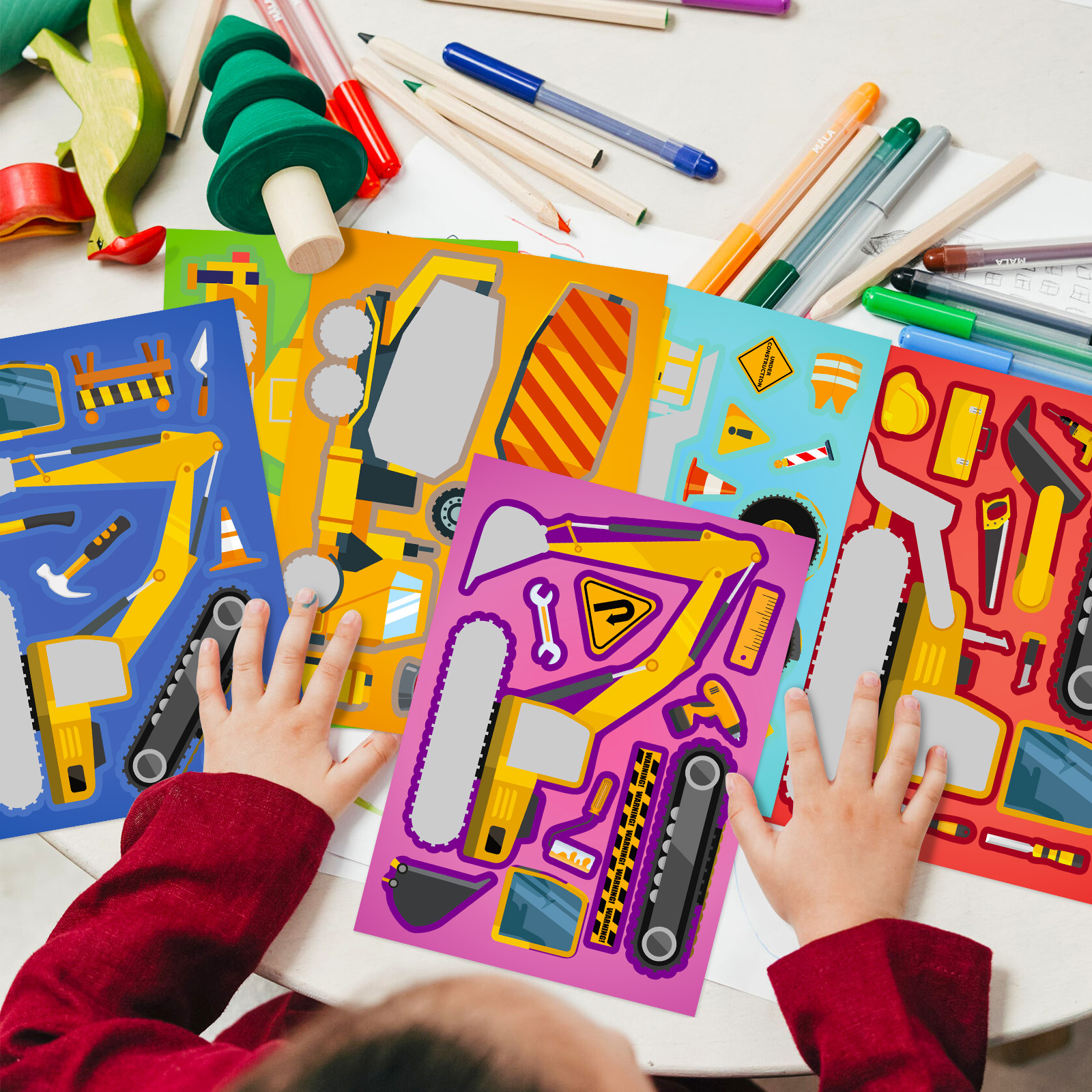 6 시트 어린이 DIY 퍼즐 스티커 게임 6 엔지니어링 트럭 얼굴 만들기 재미 있은 조립 퍼즐 스티커 어린이 교육 완구