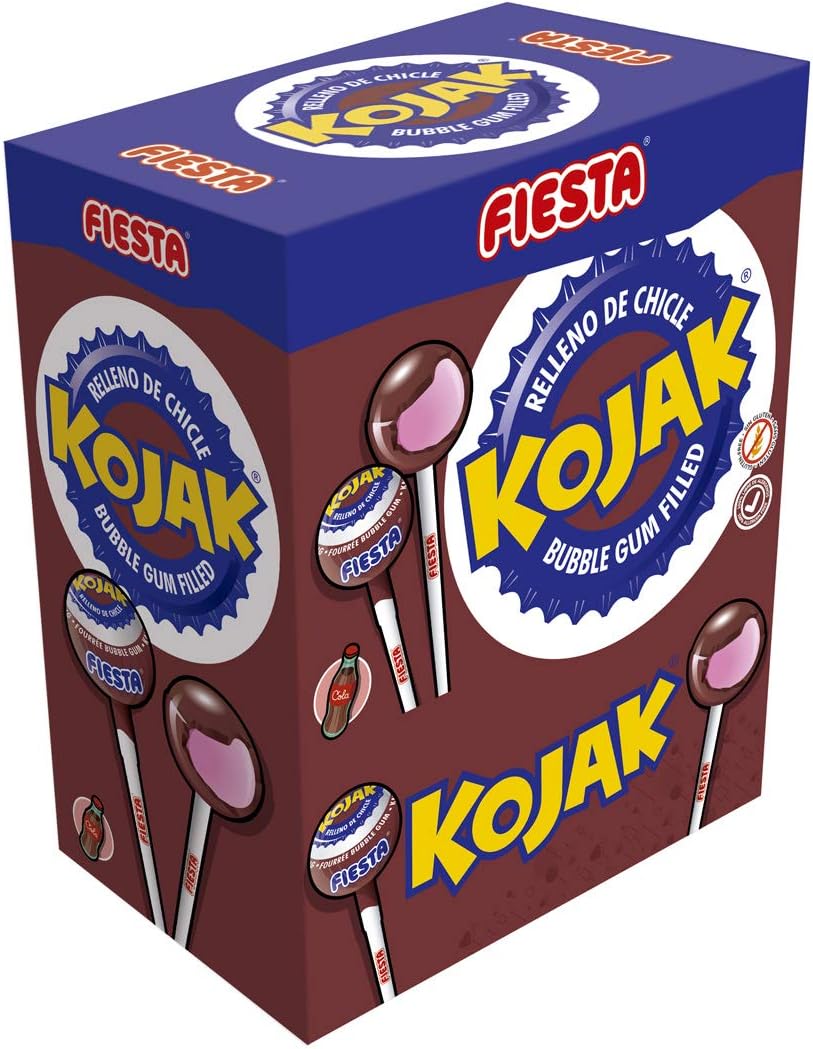 Kojak Fiesta - Caja 100 Kojak - Sabores: Cereza - Cola - Helado - Power - Sandia - Pop Corn. Chupa Chup Kojak Relleno de Chicle