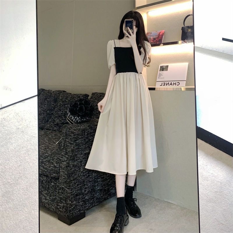 ファッショナブルなプラスサイズ秋冬レディースドレススクエアカラー半袖痩身 A ラインスカートミディドレス韓国スタイル