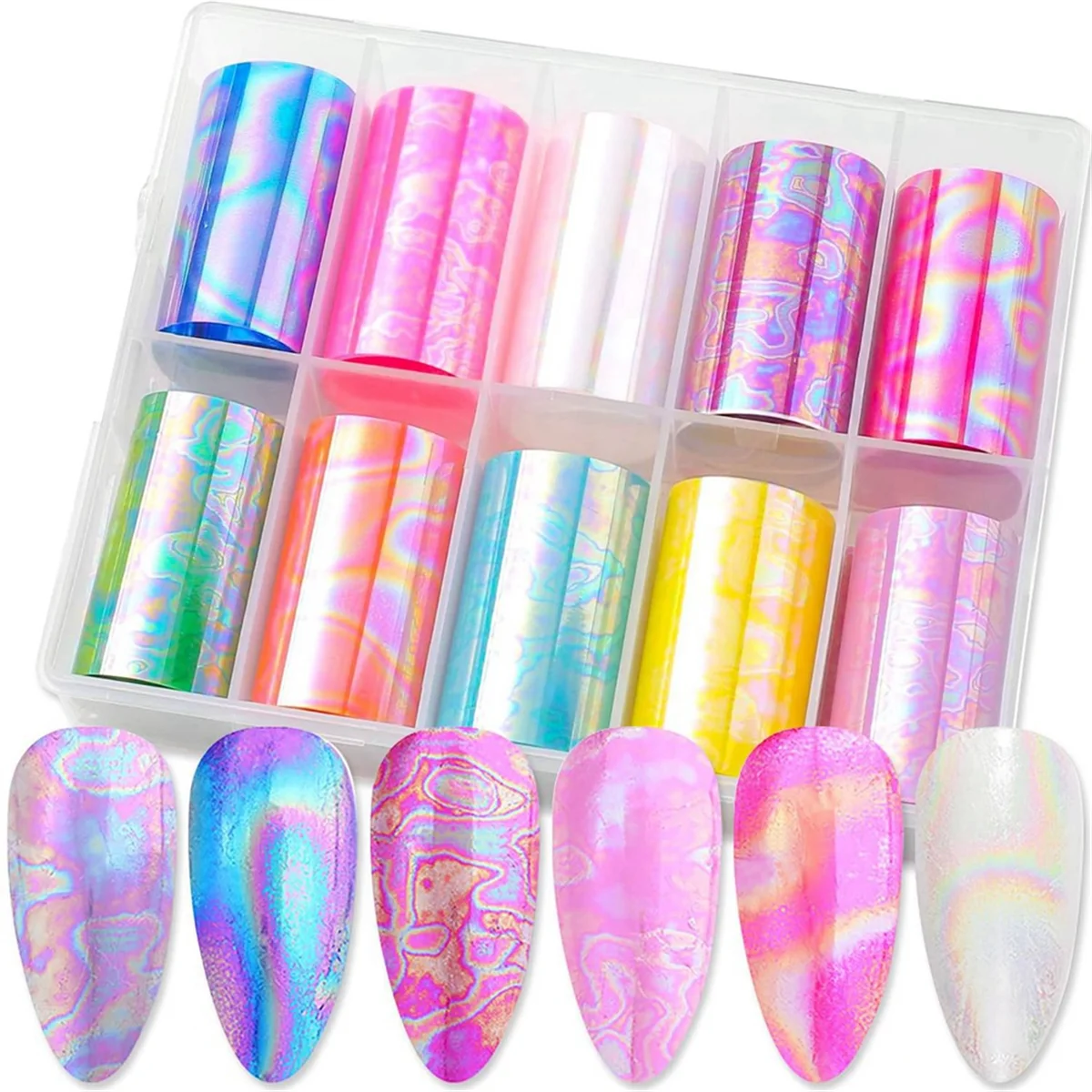 A71P 10 rollos de lámina para uñas, lámina de transferencia láser para uñas, calcomanías holográficas para decoración de uñas, pegatinas para uñas
