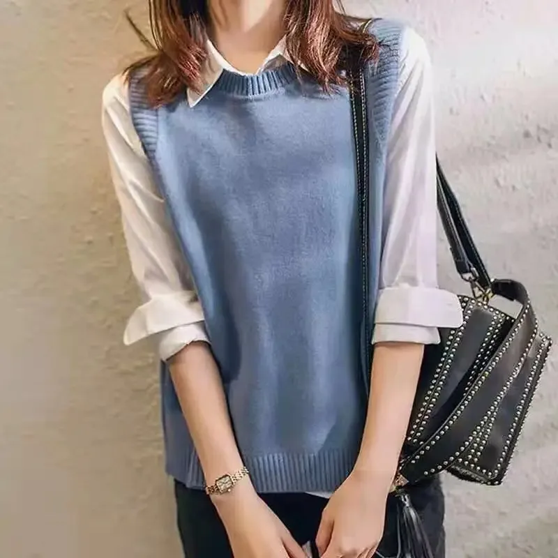 Modische Strickpulloverweste im College-Stil unter drei Knöpfen, einfarbig, Rundhalsausschnitt, lässiger All-Match-Pullover für Damen