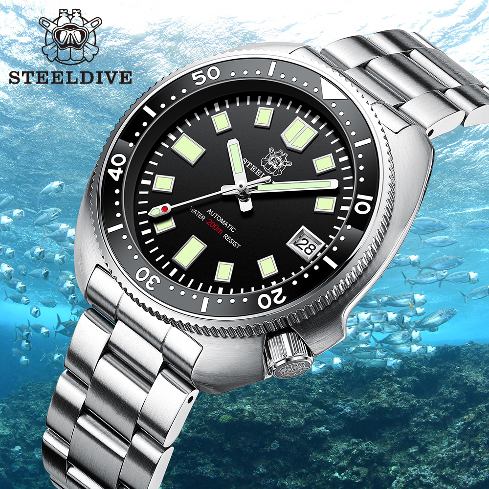 Steeldive SD1970 พื้นหลังวันที่สีขาว 200M กันน้ํา NH35 6105 เต่านาฬิกาดําน้ําอัตโนมัติ