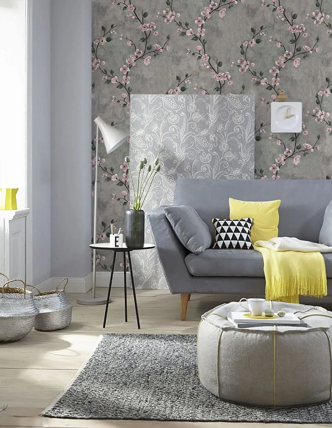 วอลล์เปเปอร์ลายดอกไม้สีเทา Peel และ Stick วอลล์เปเปอร์ดอกไม้ Self Adhesive Wall Paper Roll กระดาษติดต่อแบบถอดได้ตกแต่ง