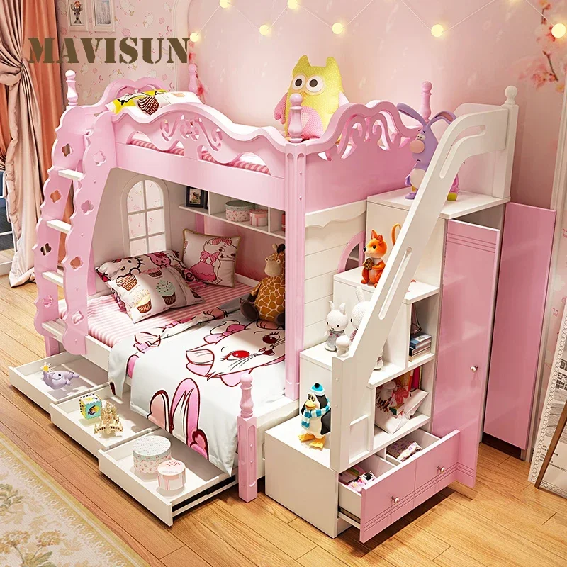 Lovely Girl Kids Princess Bunk Bed In Pink Solid Wood High And Low Adult Child Mother Multi-Functional Children's