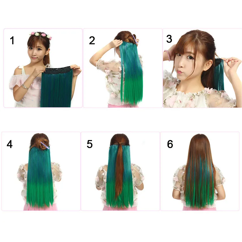 Zolin-reta extensão do cabelo sintético com clipe para cosplay, hairpieces com 5 clipes, cor ombre, halloween, colorido, 1 pc
