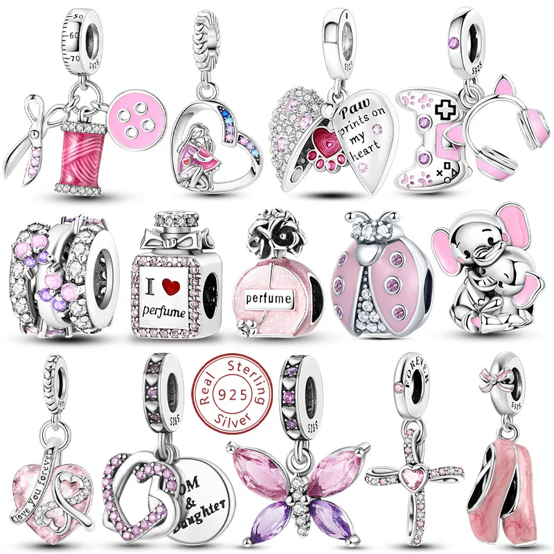 Rosa Charms Original 925 Sterling Silber Herz Schleife Parfüm Flasche Charms Perlen Anhänger Fit Armband DIY Frauen Schmuck Machen