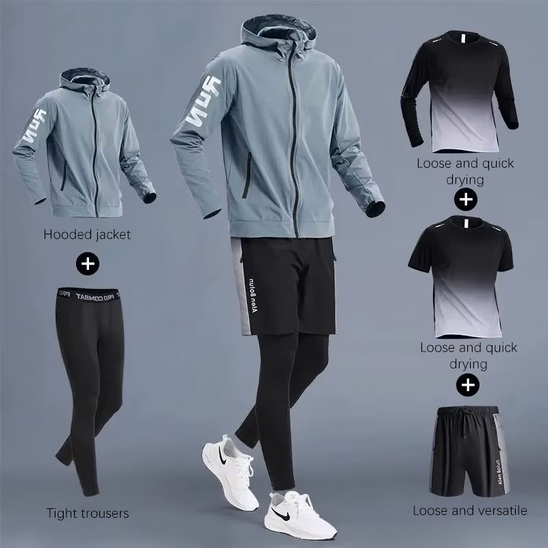 ชุดกีฬาผู้ชายชุดวิ่งเกียร์การฝึกอบรมสวมใส่เสื้อผ้าแห้งวิ่งขี่จักรยาน Tights สําหรับฤดูใบไม้ผลิฤดูใบไม้ร่วงกีฬาฟิตเนสเสื้อผ้า