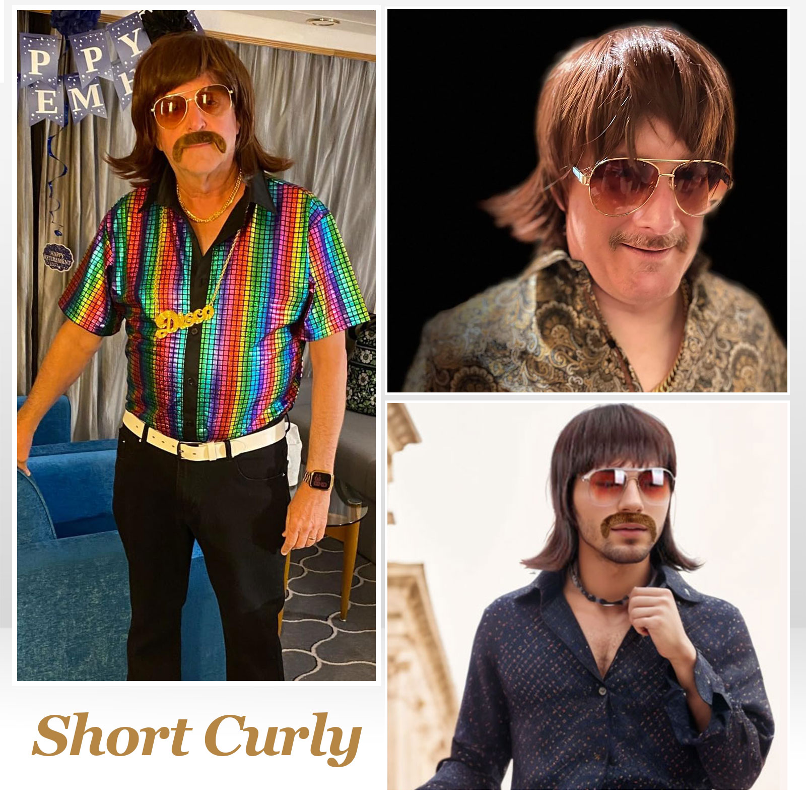 สังเคราะห์ Mullet วิกผมสั้น 70s Disco ชุดสําหรับวิกผมผู้ชายหนวดแว่นตาและโซ่ 60s นักร้อง Rocker ฮิปปี้คอสเพลย์ฮาโลวีน