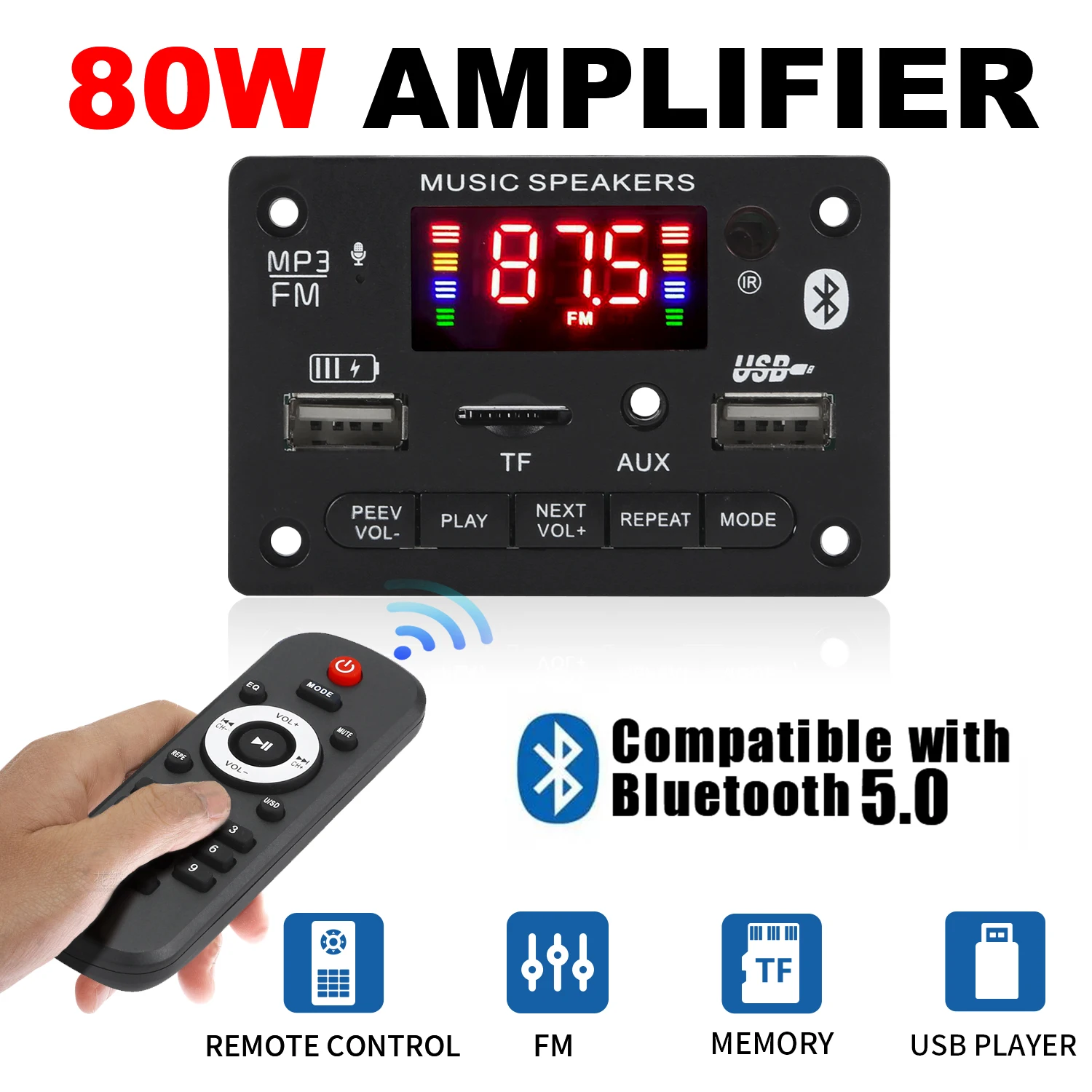 Placa decodificadora de MP3 Bluetooth 5,0, amplificador de Audio de 2x40W y 80W, reproductor de MP3 DIY de 12V, módulo de Radio FM para coche, TF, micrófono USB, grabación de llamadas