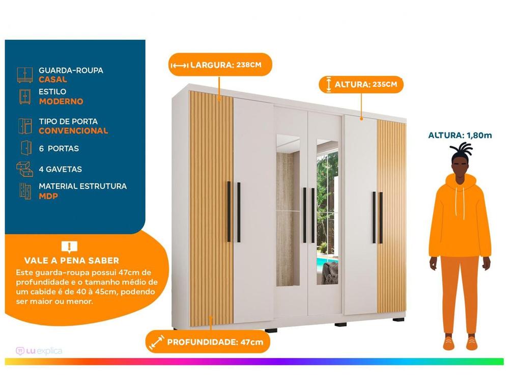 Guarda-roupa Casal com Espelho 6 Portas 4 Gavetas Araplac Braga
