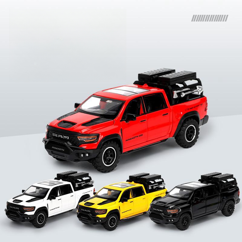 1/32 Dodge RAM MAMMOTH Pickup Toy Car Miniature Diecast Metal Off Road Vehicle Model Pull Back Sound Light Collection Gift Boy