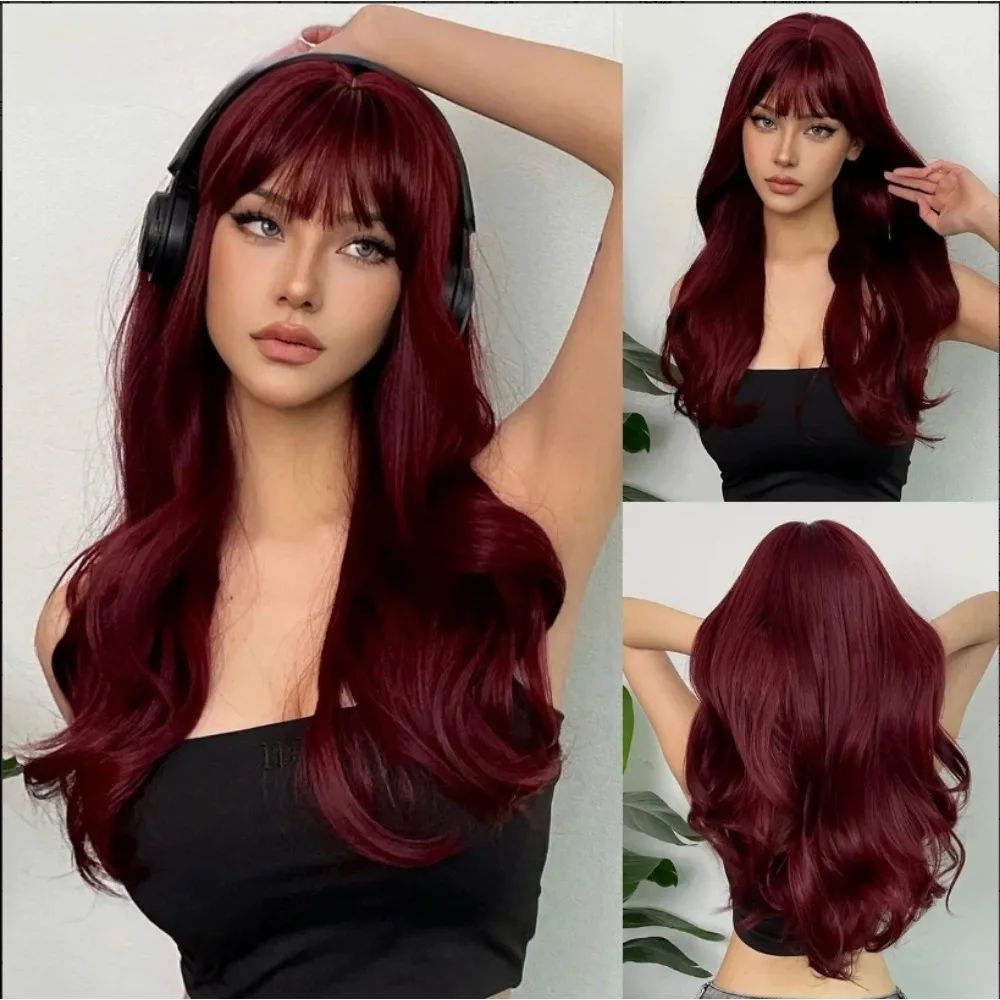 Parrucca sintetica ondulata lunga bordeaux vino rosso colorato cosplay parrucche Lolita con frangia per donne capelli naturali afro resistenti al calore