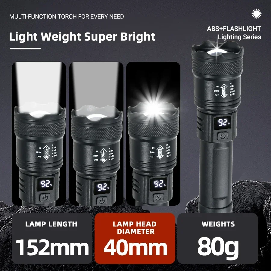 Potente linterna LED de 9900LM con pantalla de batería, luz recargable por USB, linterna con Zoom telescópico, linterna para acampar y pescar al aire libre