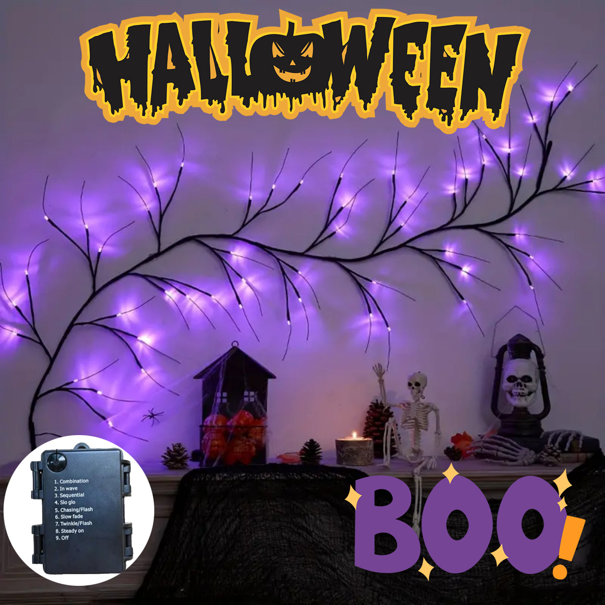 1pc 54 führte Halloween-Atmosphäre lila Rattan Lichter DIY Zweige Girlande Outdoor Indoor wasserdichte Wände Lichter batterie betrieben