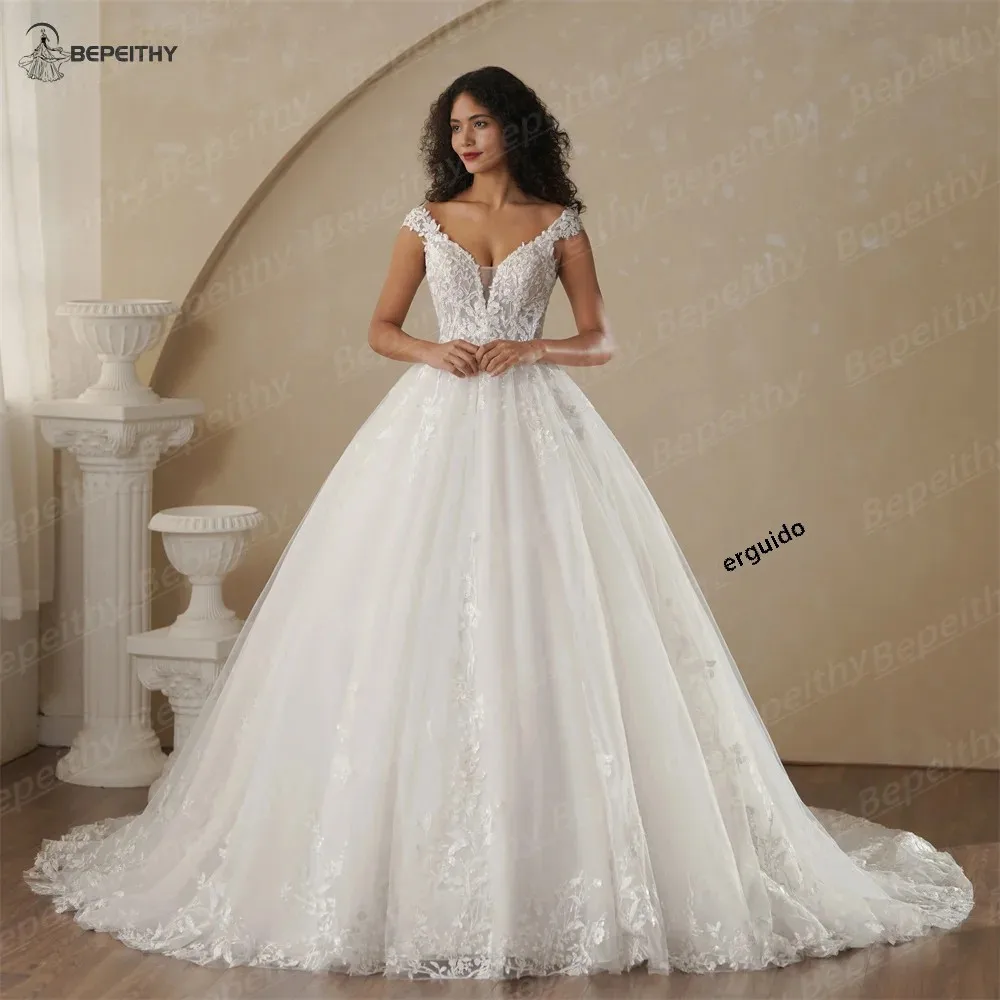 BEPEITHY personalizado cuello en V mangas casquillo Vestidos De Boda De Princesa para las mujeres 2025 primavera encaje Boho vestido De novia Vestidos De Novias