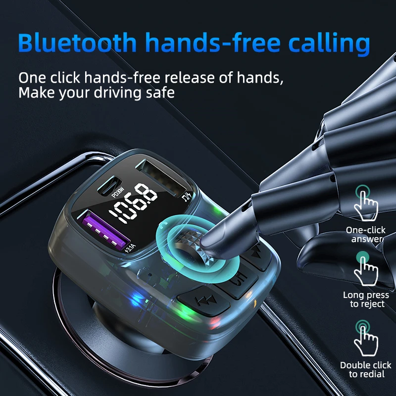 Coche 30W PD Tipo C USB dual Coche rápido que carga la luz ambiental Bluetooth 5.3 Cargador de coche