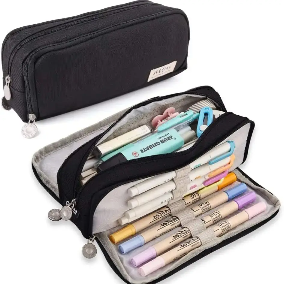 Bolsa de lápices negra, soporte de papelería, estuche de regalo, organizador de regla de bolígrafo, suministros escolares para estudiantes, bolsa de cosméticos abierta con cremallera de lona A