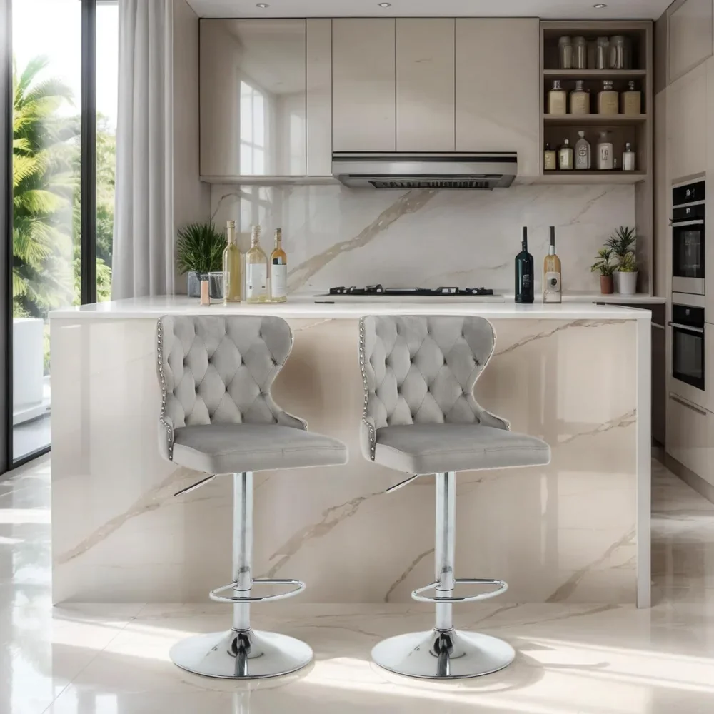 Set of 2 Adjustable Swivel Bar Stools,Velvet Upholstered Counter Height Chairs with Nailhead Trim, Silver Footrest
