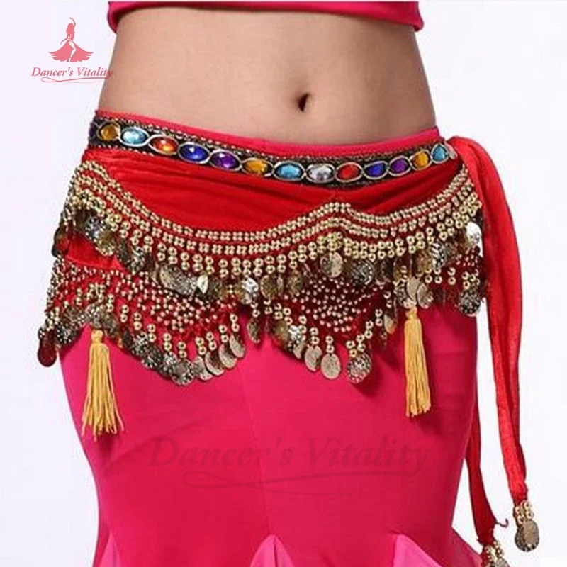 สไตล์ใหม่ Belly Dance เครื่องแต่งกายกํามะหยี่โคมไฟเหรียญทอง Belly Dance ผ้าพันคอสะโพกสําหรับผู้หญิง Belly เต้นรําเข็มขัด