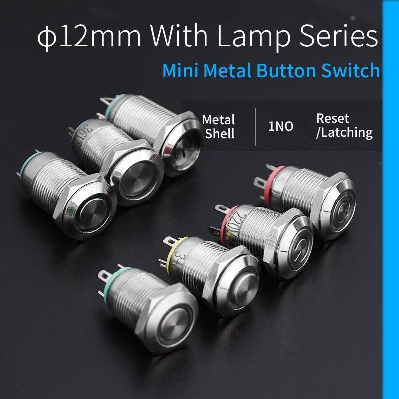 Interruptor de botón de Metal resistente al agua de 12mm, luz LED con bloqueo momentáneo, interruptor de alimentación de PC para motor de coche, símbolo de anillo de 3V, 5V, 12V, 24V, 220V