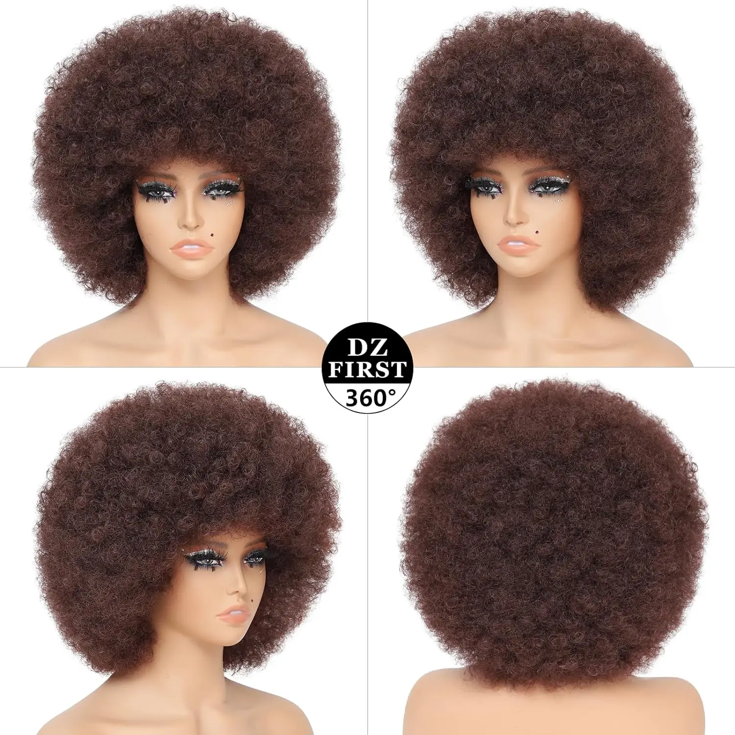 สังเคราะห์ผมAfro Kinky Curlyวิกผมสีบลอนด์สําหรับผู้หญิงผสมสีน้ําตาล70Sเครื่องขนาดใหญ่กับBangsสั้นBouncyสําหรับทุกวันPartyใช้