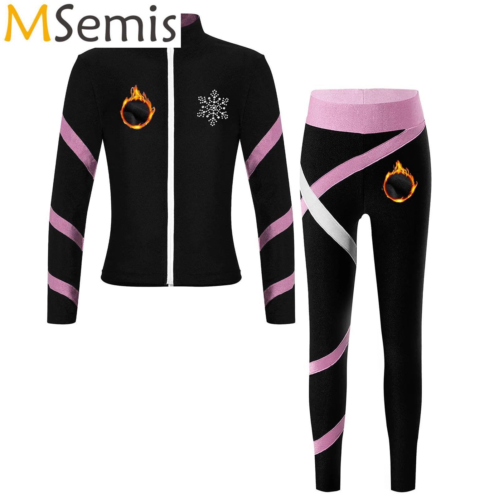 Kinder Mädchen Gymnastik Eiskunstlauf Ballett Kostüm Trainingsanzug Reißverschluss Stehkragen Fleece-gefütterte Jacke mit Leggings Tanzkleidung
