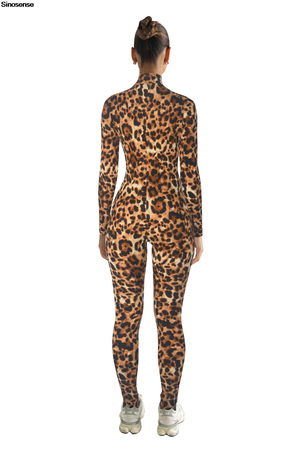 ผู้หญิงเสือดาวพิมพ์ One Piece ออกกําลังกาย Jumpsuits คอยาวแขนยาว Zip Up Zip Up Romper SEXY Night Out Club PARTY ชุด