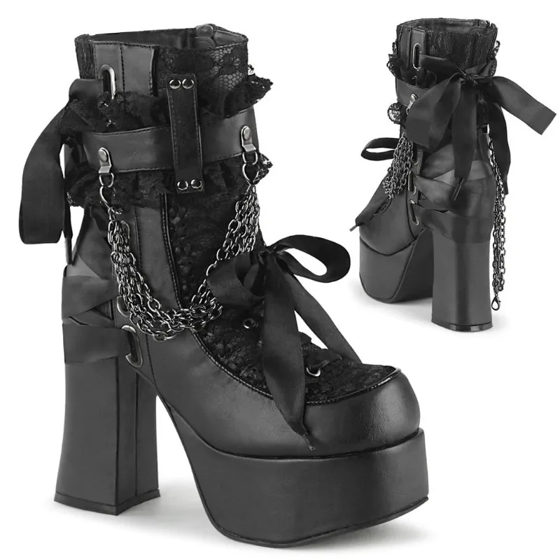 Botas cortas con lazo y cadena de estilo gótico para mujer, botines con plataforma gruesa y tacón cuadrado con punta redonda Retro, zapatos de fiesta Punk para mujer