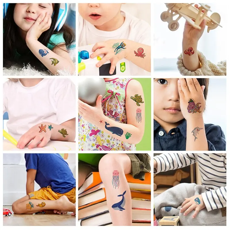 30ชิ้นสติกเกอร์รอยสักสำหรับเด็กสติกเกอร์ลายการ์ตูนรูปยูนิคอร์นรูปผีเสื้อนางเงือกสัตว์ไดโนเสาร์มหาสมุทร