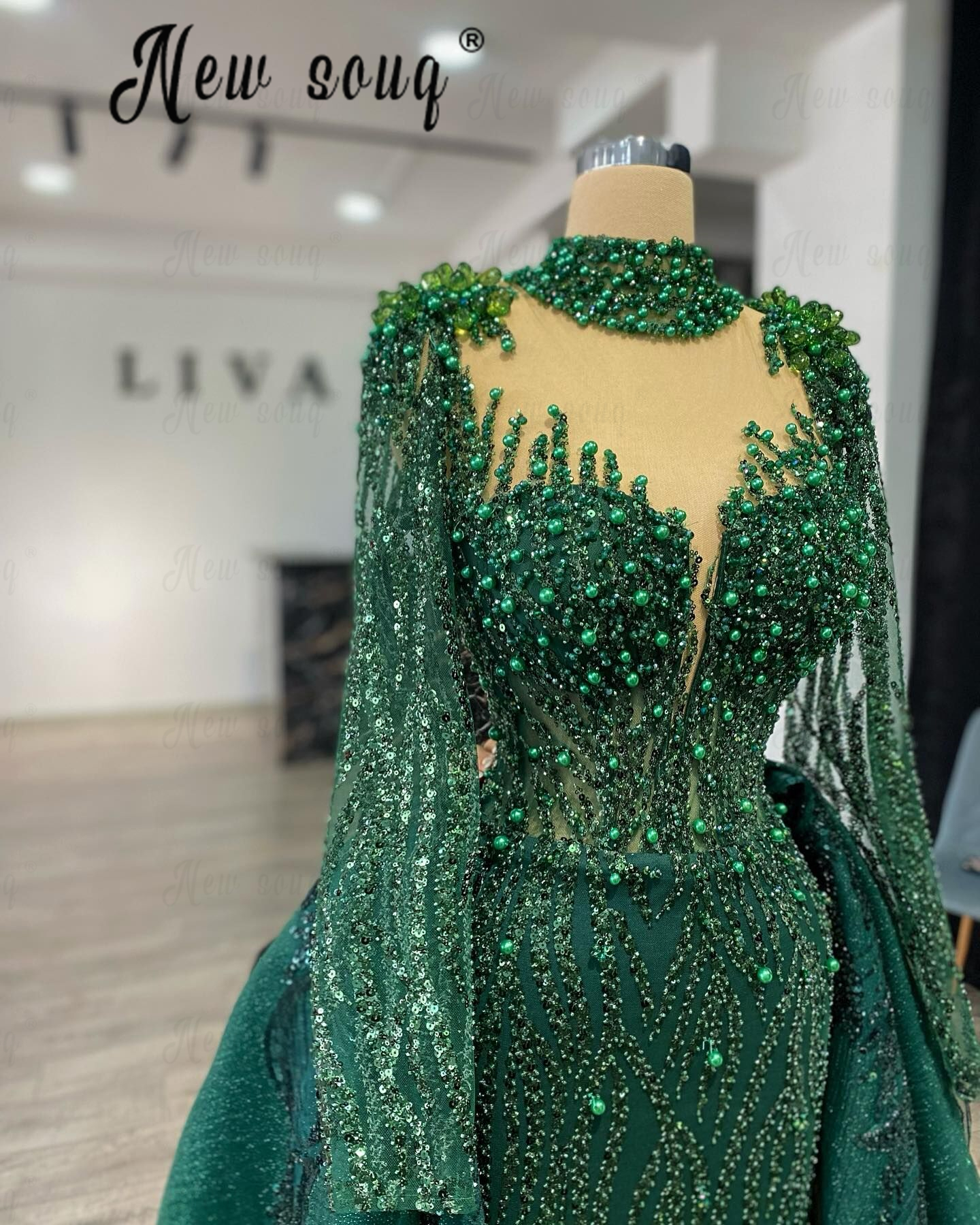 Muslim Emerald Green  A Line Beaded Luxury Dubai Long Evening Dress 2025 For Woman Wedding Party Detachable Train ﻿Customized