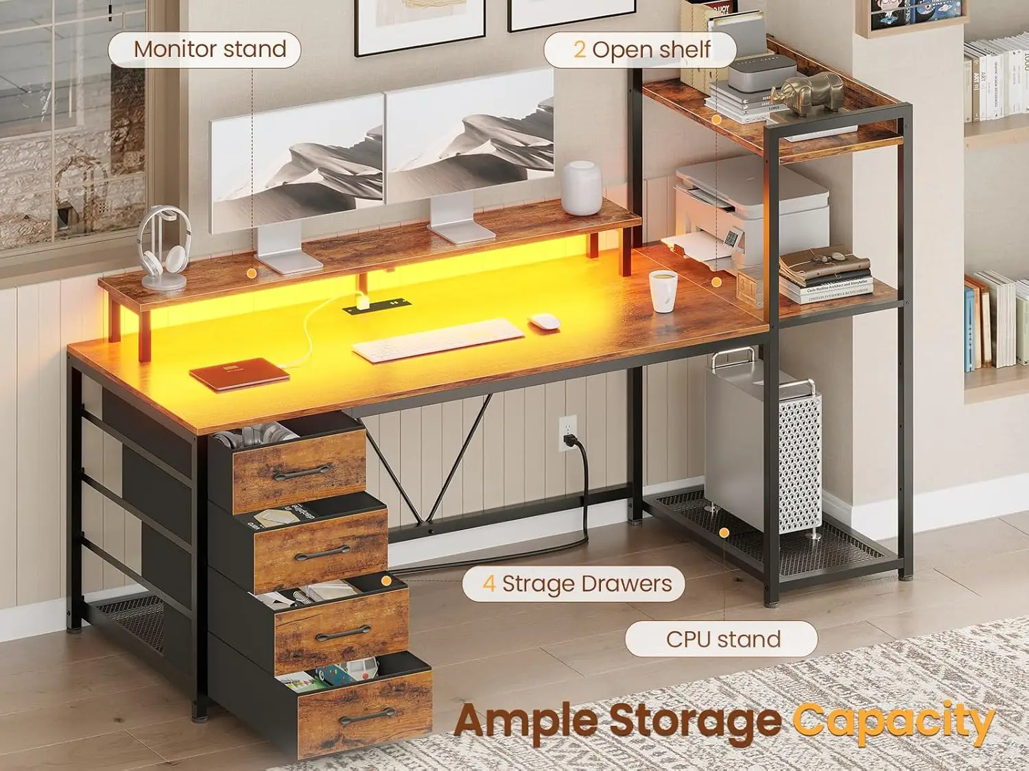 55" Computer Desk with 4 Drawers and Shelves, Gaming Desk with LED Lights & Power Outlets, Home Office Desk with Large Storage