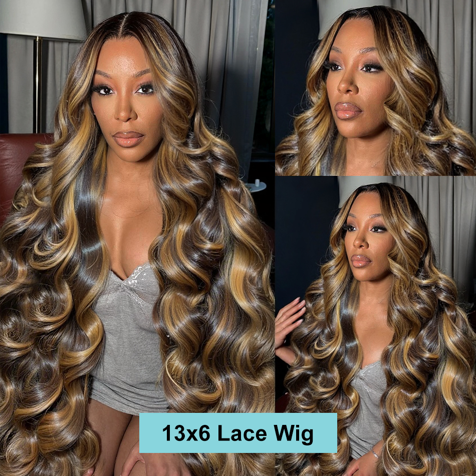 30 40 Inch 4/27 Highlight Body Wave 13x4 Human Hair Lace Frontal Wigs 200Density Colored Ombre 13x6 HD Lace Front Wig For Women