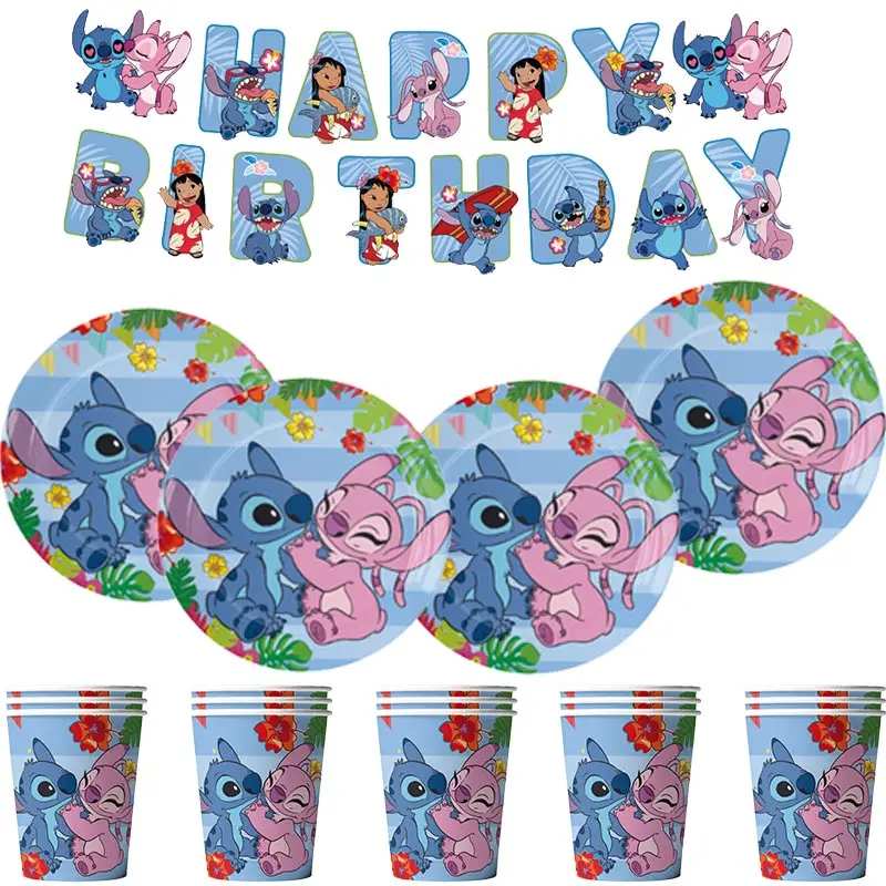 Disney Stitch Geburtstagsparty-Dekoration, blaues Lilo und Stitch-Thema, Geschirr, Tassen, Engel, Luftballons, Pinata, Partyzubehör für Kinder