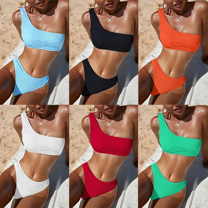 Une épaule Bikini texturé maillots de bain coupe haute maillot de bain solide maillot de bain femmes brésilien 2025 mode