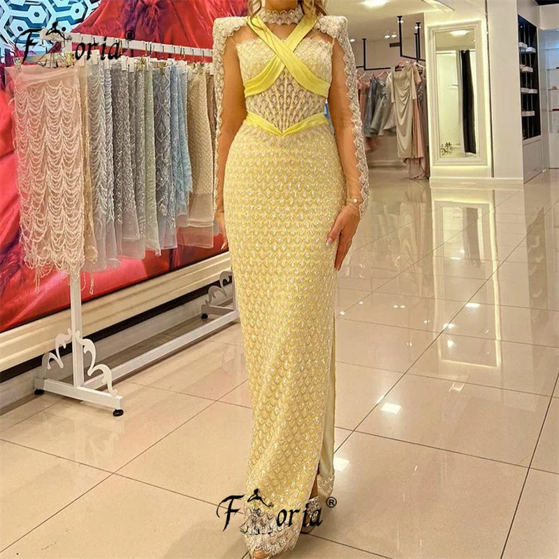 Funkelnde Perlen Pailletten gelb Langarm formelle Anlass Kleid Dubai Schlitz Meerjungfrau Abend Party Kleid plus Größe Robe de Soirée