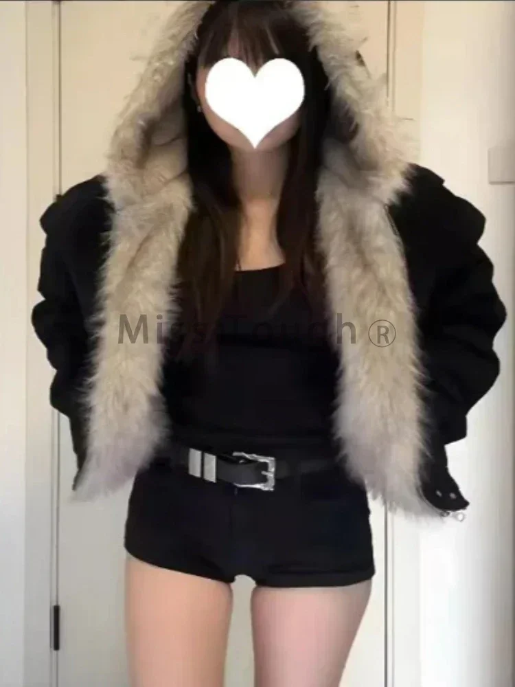Abrigo holgado de piel con forro elegante para mujer, Parkas gruesas con capucha y Cuello de piel Y2k, ropa de abrigo informal, chaquetas acolchadas de algodón, novedad de invierno