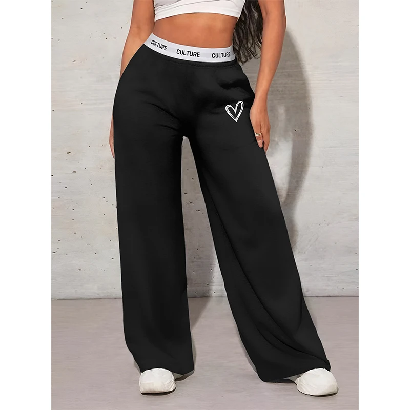 Calças femininas casuais soltas amor impresso webbing calças largas perna arrastar moda roupas femininas