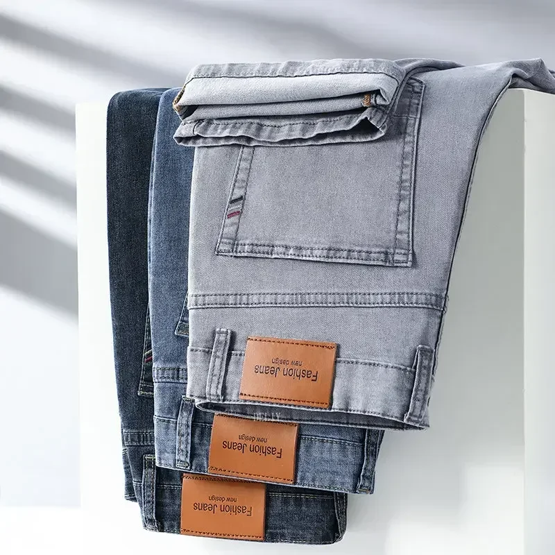 2024 Marke Dünnes oder Dickes Material Gerade Baumwolle Stretch Denim Herren Business Casual Hohe Taille Hellgrau Blau Jeans