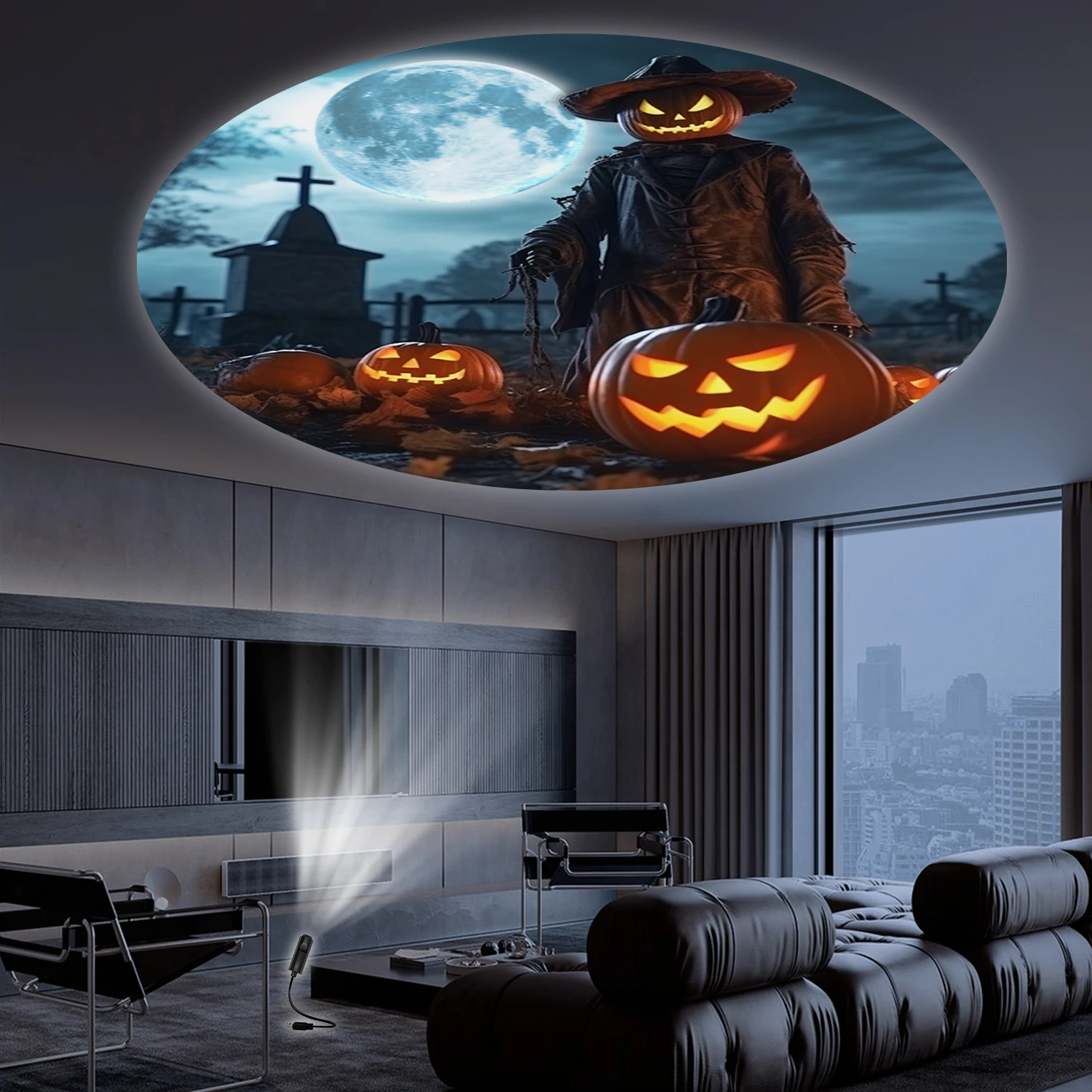 Halloween-Mond-Kürbis-Projektionslampe, mehrfach winkelverstellbare Drehung, elektronische Lampe mit USB-Schnittstelle, Halloween-Lampenbeleuchtung