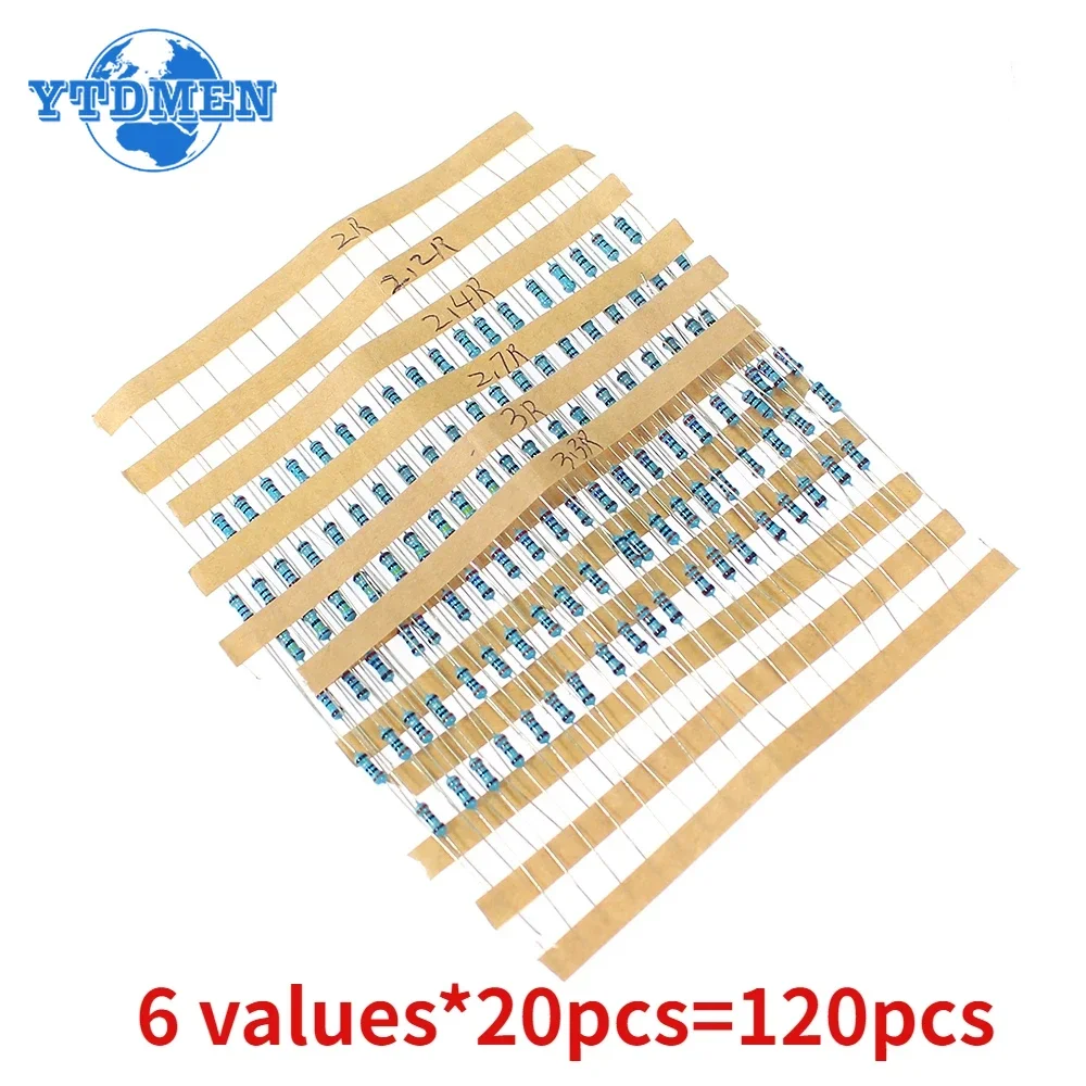 120 Uds 1/4W 1% resistencia de película metálica resistencia de reparación de Airbag de coche 2ohm 2.2ohm 2.4ohm 2.7ohm 3ohm 3.3ohm 6 tipos Kit de resistencia 0,25 W