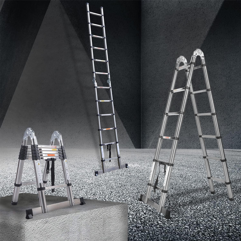 DayPlus 12,5 FT opvouwbare stalen telescopische ladder 1,9 m + 1,9 m multifunctionele A-frame zware zolderladder met stabilisator thuisgereedschap