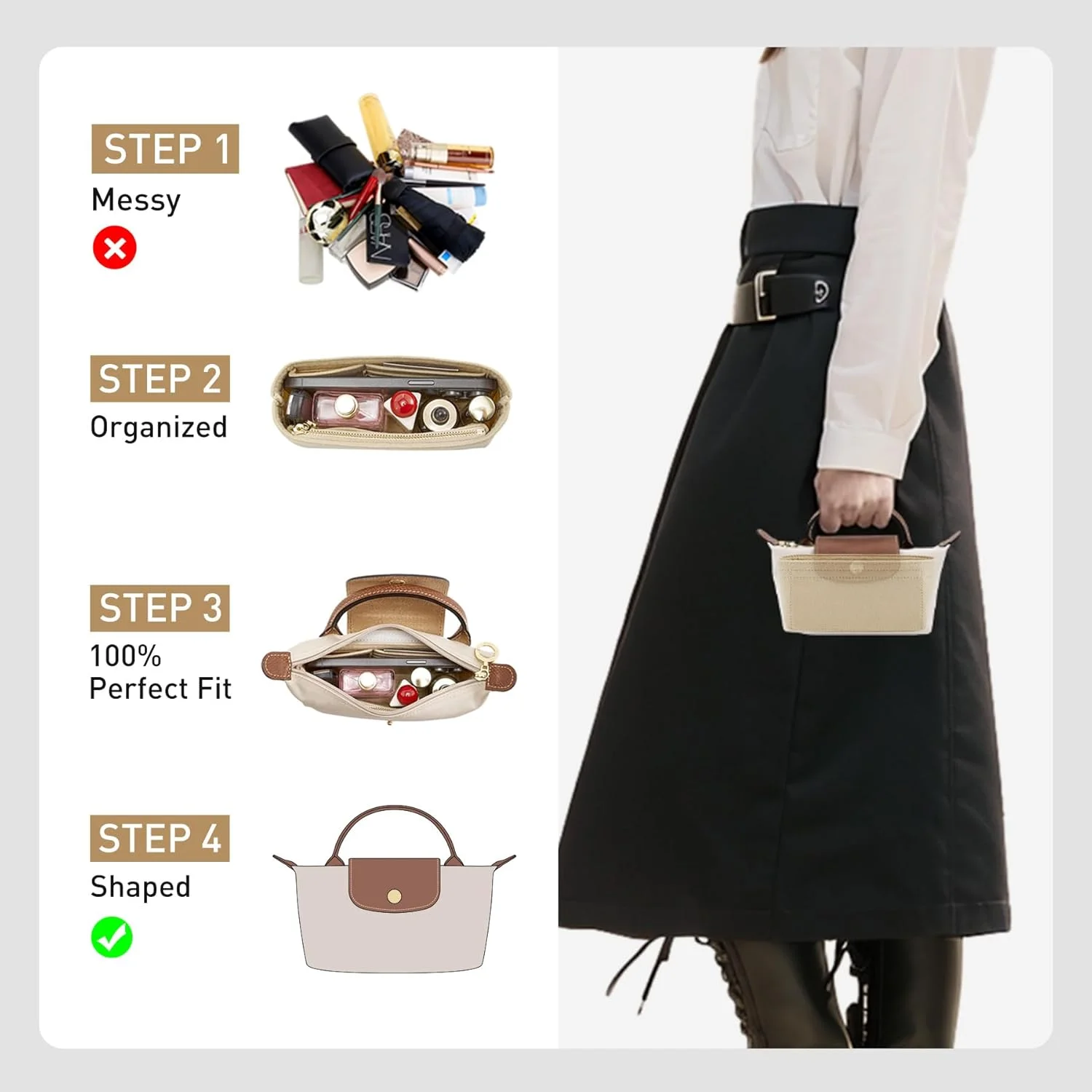 Bag Insert For LongChamp Mini Bag Organizer Felt Mini Bag Organizer for le pliage Green Pouch with Handle Small Handbag Shaper