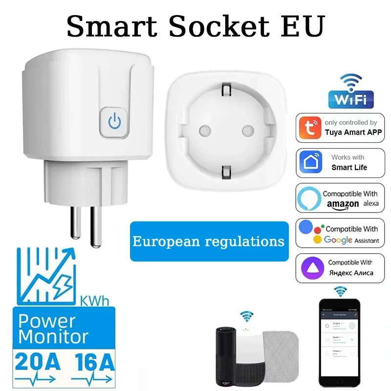 Tuya 16A,20A enchufe inteligente WiFi función de sincronización de monitoreo de energía de la UE funciona con Alexa, Google Home, Alice, Smart Life Home