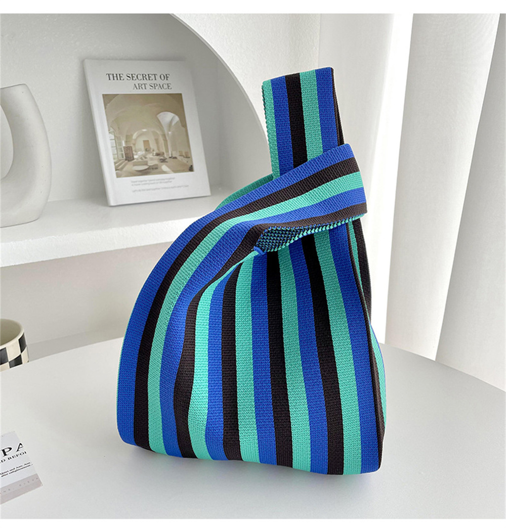Bolso de mano japonés a rayas finas a cuadros para mujer, Mini bolso de muñeca con nudo, bolso de punto hecho a mano de Color informal, bolso de compras reutilizable, monedero para llaves
