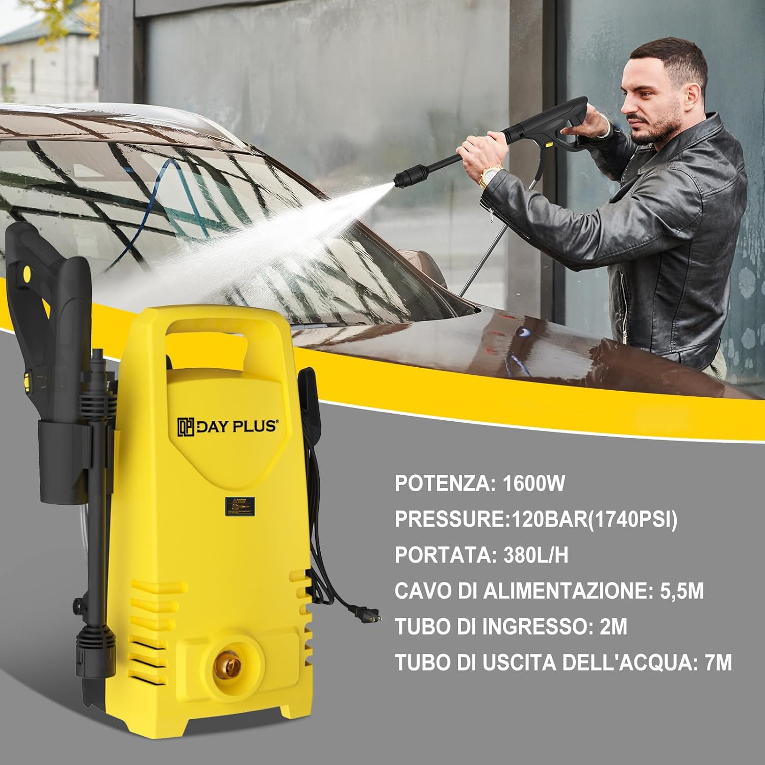 Idropulitrice ad Alta Pressione 1600W, 120bar, 380l/h Potente Idropulitrice Elettrica con Lancia Regolabile da 0 a 180°, Tubo Flessibile di 7m, per La Pulizia di Terrazze, Giardini o Auto