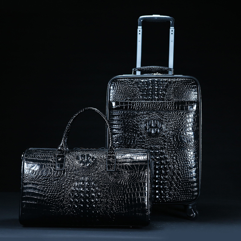 Equipaje de viaje de cuero genuino con patrón de cocodrilo, bolso, mochila, maleta con ruedas de piel de vaca de primera capa para hombre, estuche de embarque