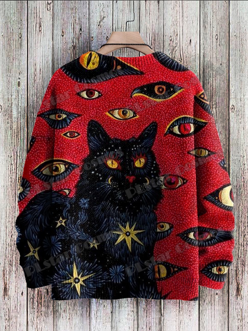 メンズレトロブラックキャットアイズアート柄ニットプルオーバー、ユニセックスカジュアルニットセーター、3Dプリントクルーネック、冬、zzm46