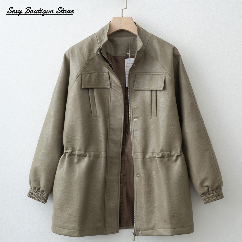 Herbst Winter Pu Leder Jacke Für Frauen Solide Volle Hülse Elastische Verstellbare Taille Mantel 2025, Neue Dame Mode Lässig Outwears
